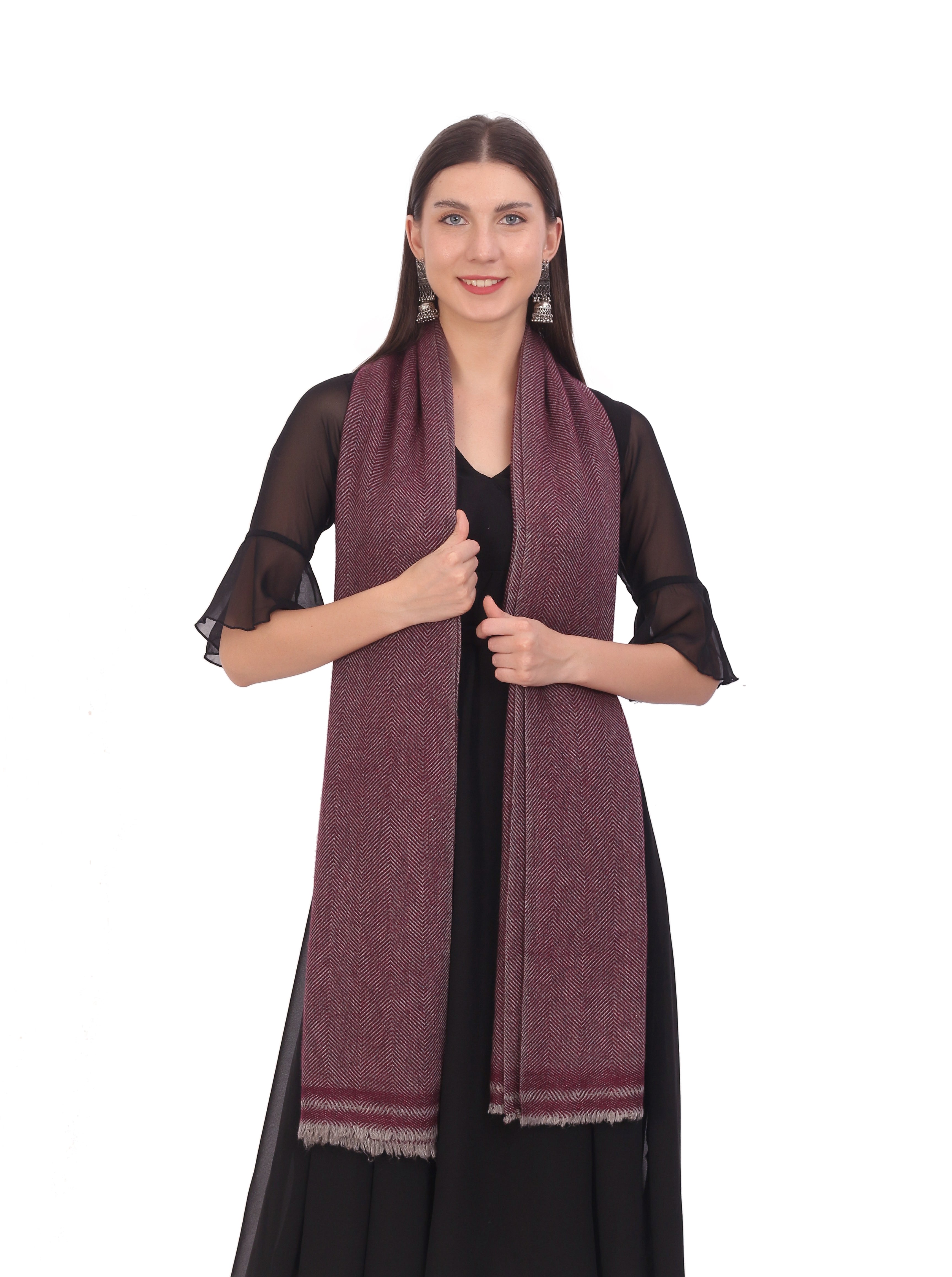 Pash Vilas Unisex Dyed Harringbone Design Cashmere Fine wool Scarf Soft Warm Wine Color