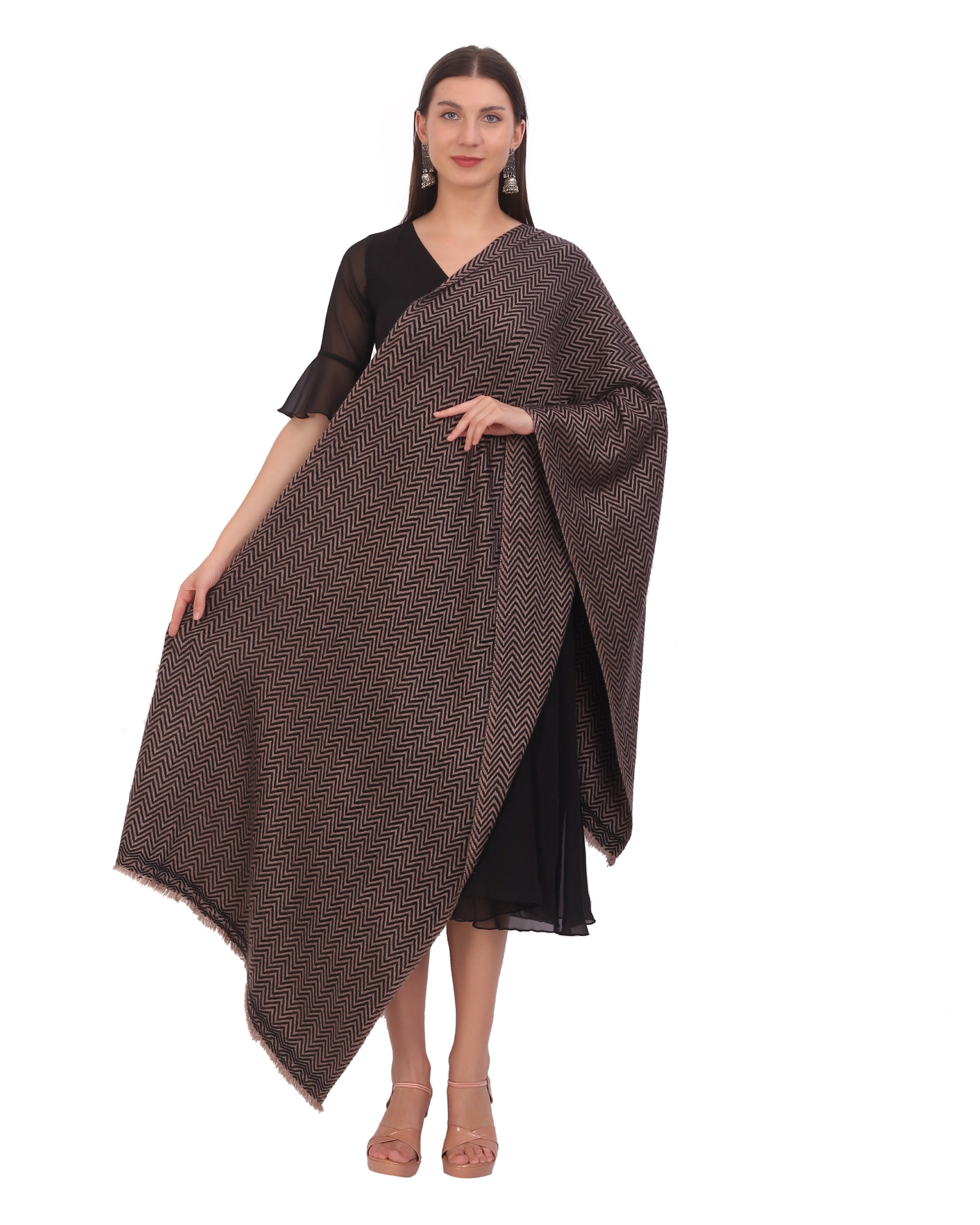 Pash Vilas Unisex Dyed Fishbone Design Cashmere Fine wool Scarf Soft Warm BROWN BLACK Color