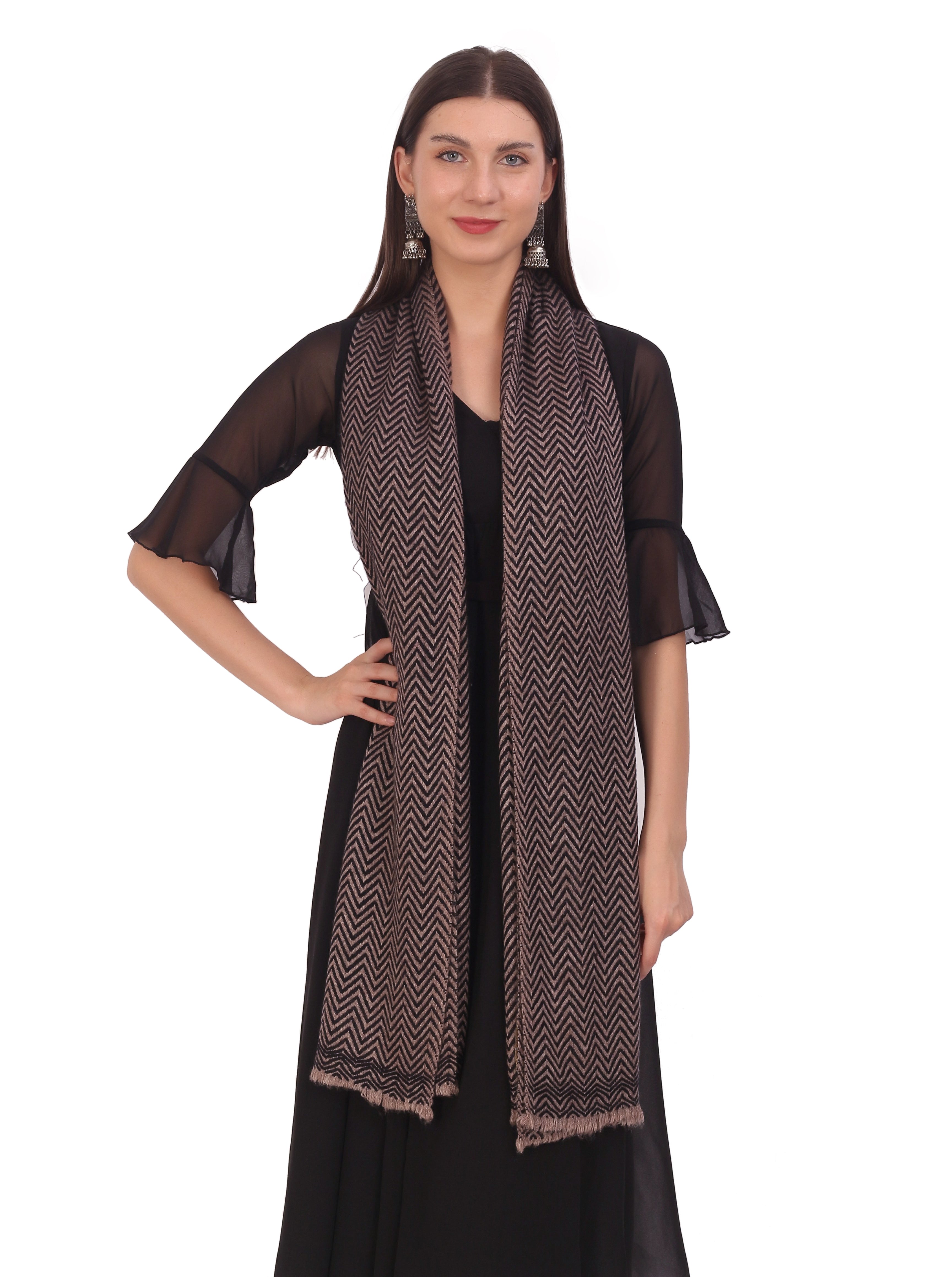 Pash Vilas Unisex Dyed Fishbone Design Cashmere Fine wool Scarf Soft Warm BROWN BLACK Color