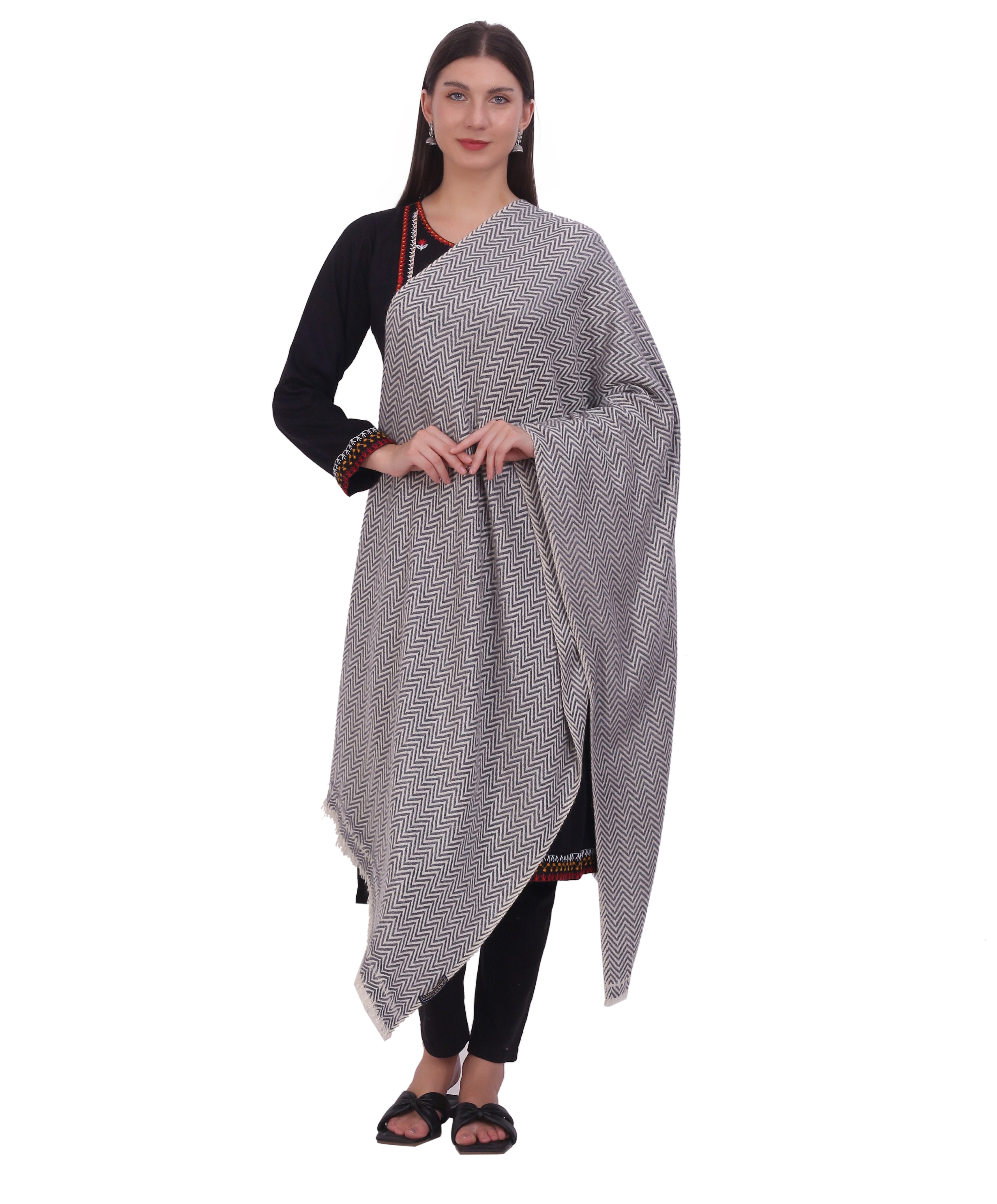 Pash Vilas Unisex Fishbone Design Cashmere Fine wool Scarf Soft Warm Black Color