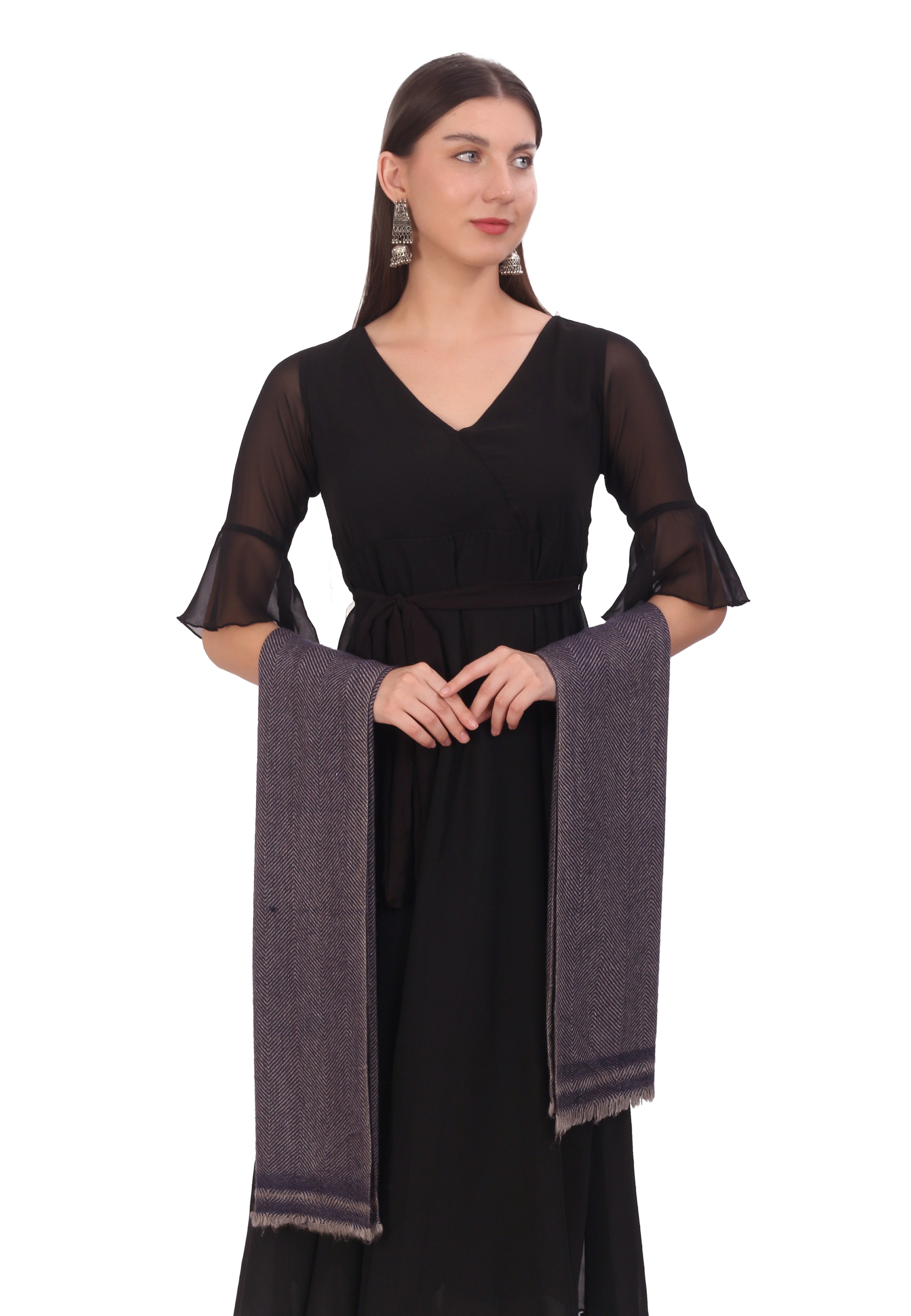 Pash Vilas Unisex Dyed Harringbone Design Cashmere Fine wool Scarf Soft Warm DENIM Color