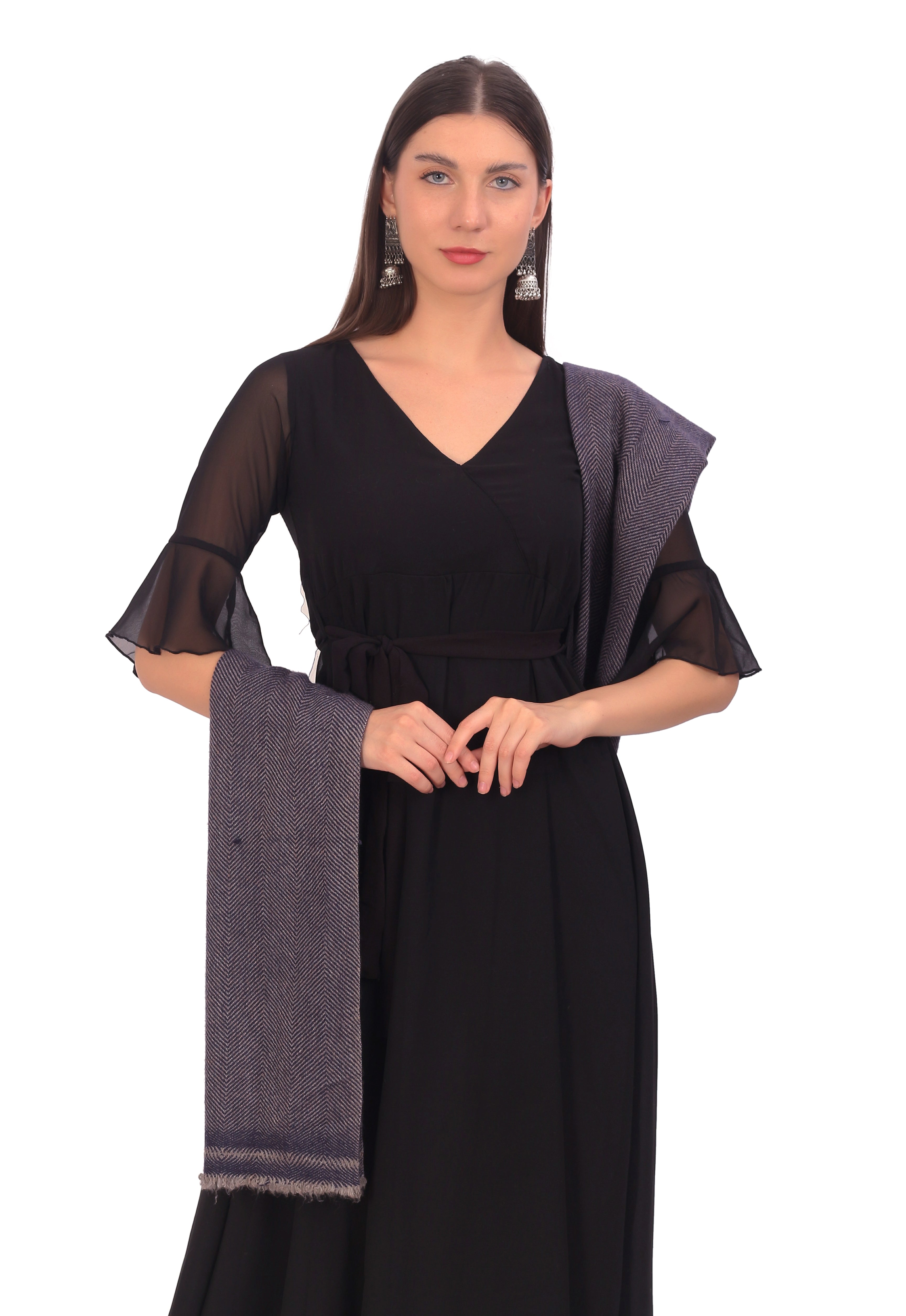 Pash Vilas Unisex Dyed Harringbone Design Cashmere Fine wool Scarf Soft Warm DENIM Color