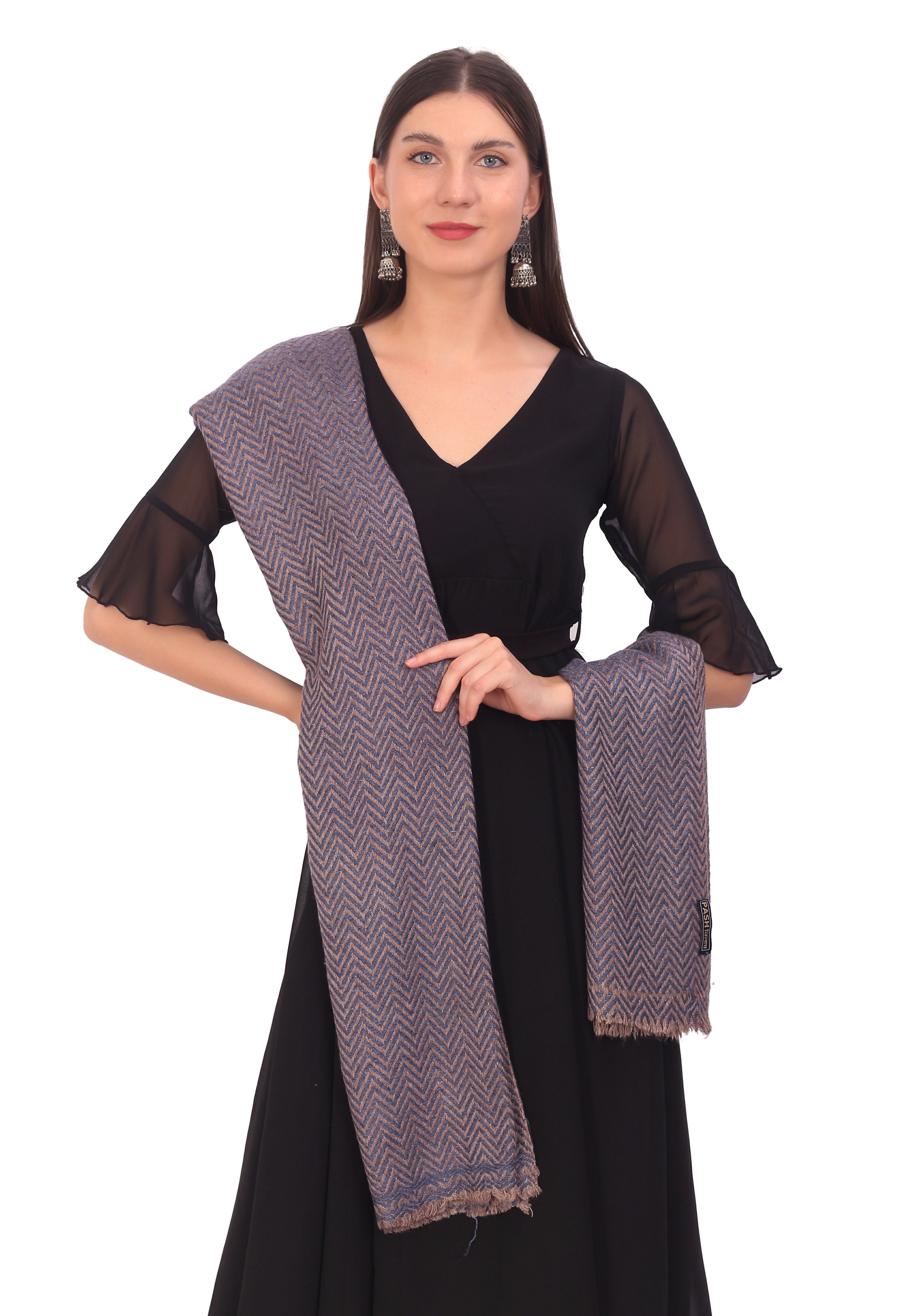 Pash Vilas Unisex Dyed Fishbone Design Cashmere Fine wool Scarf Soft Warm DENIM BLUE Color