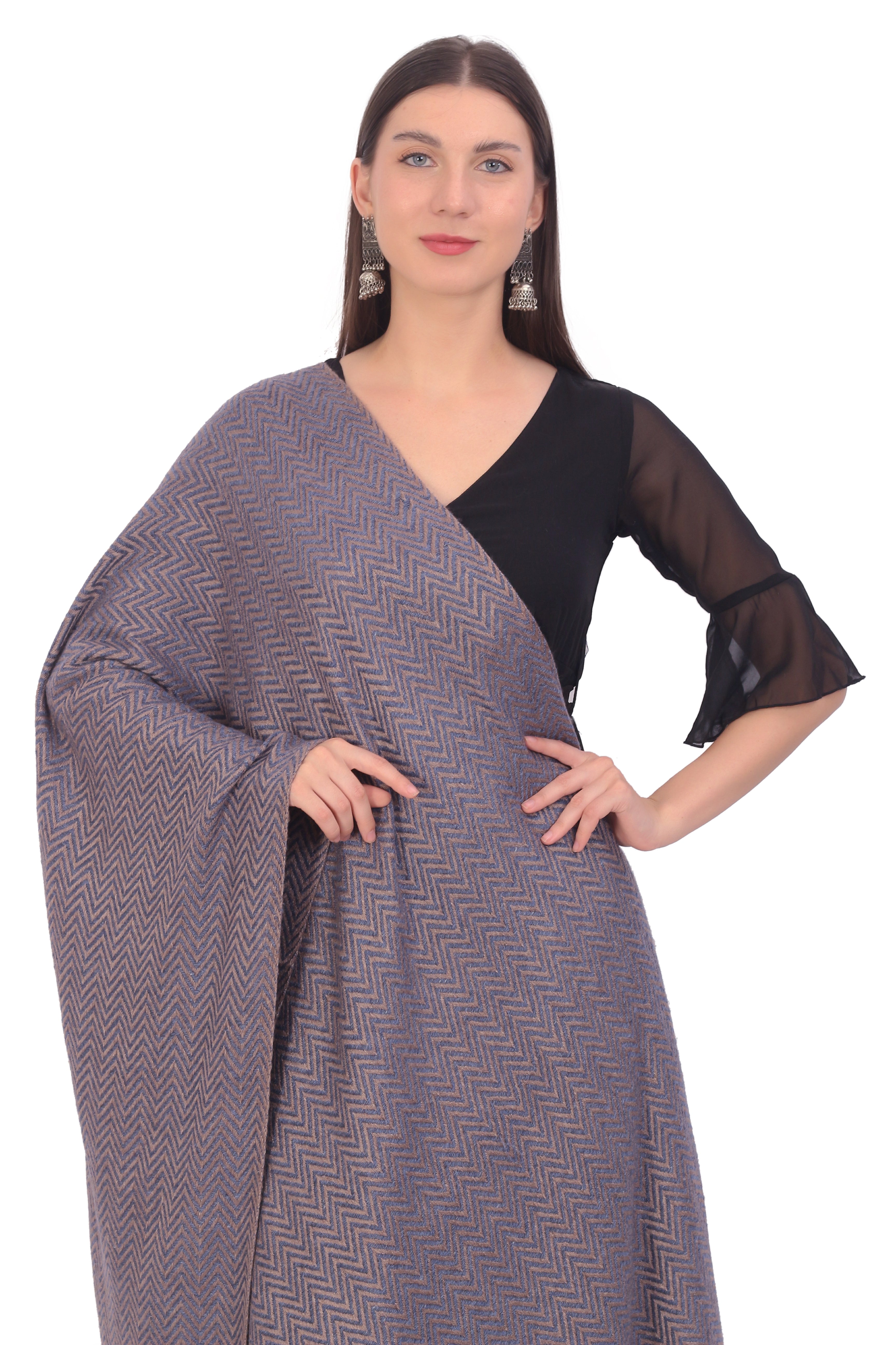 Pash Vilas Unisex Dyed Fishbone Design Cashmere Fine wool Scarf Soft Warm DENIM BLUE Color