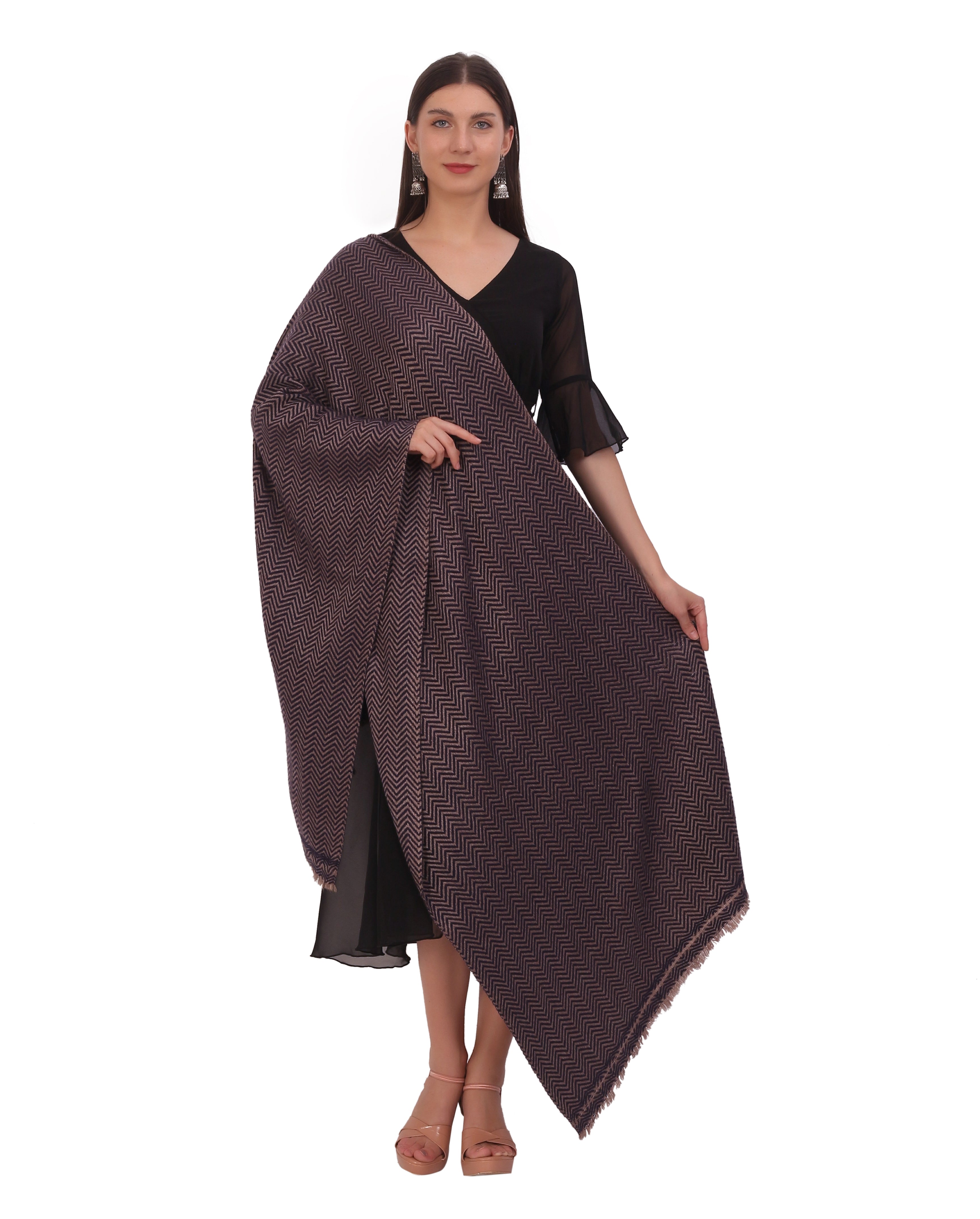 Pash Vilas Unisex Dyed Fishbone Design Cashmere Fine wool Scarf Soft Warm NAVY BROWN Color