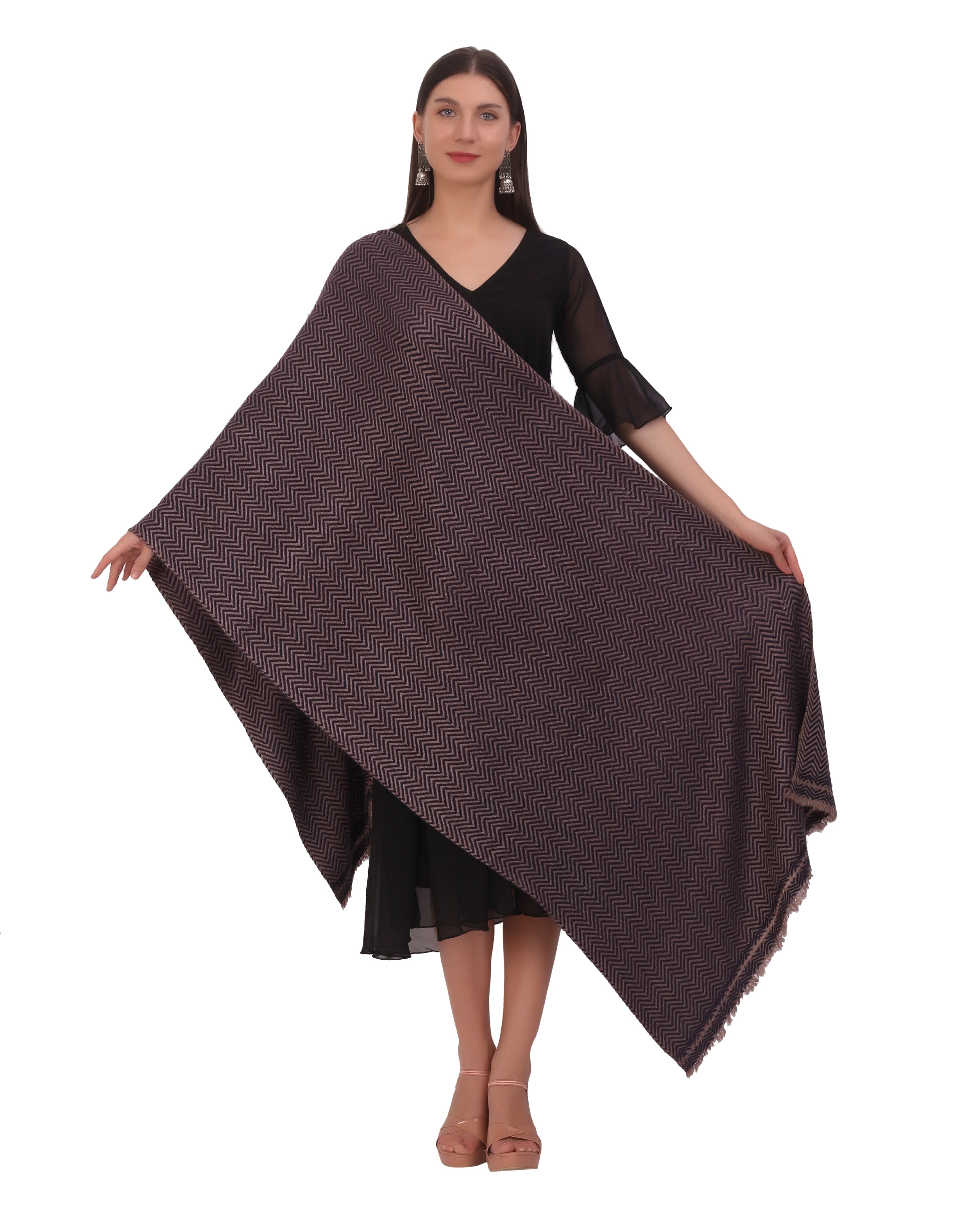 Pash Vilas Unisex Dyed Fishbone Design Cashmere Fine wool Scarf Soft Warm NAVY BROWN Color