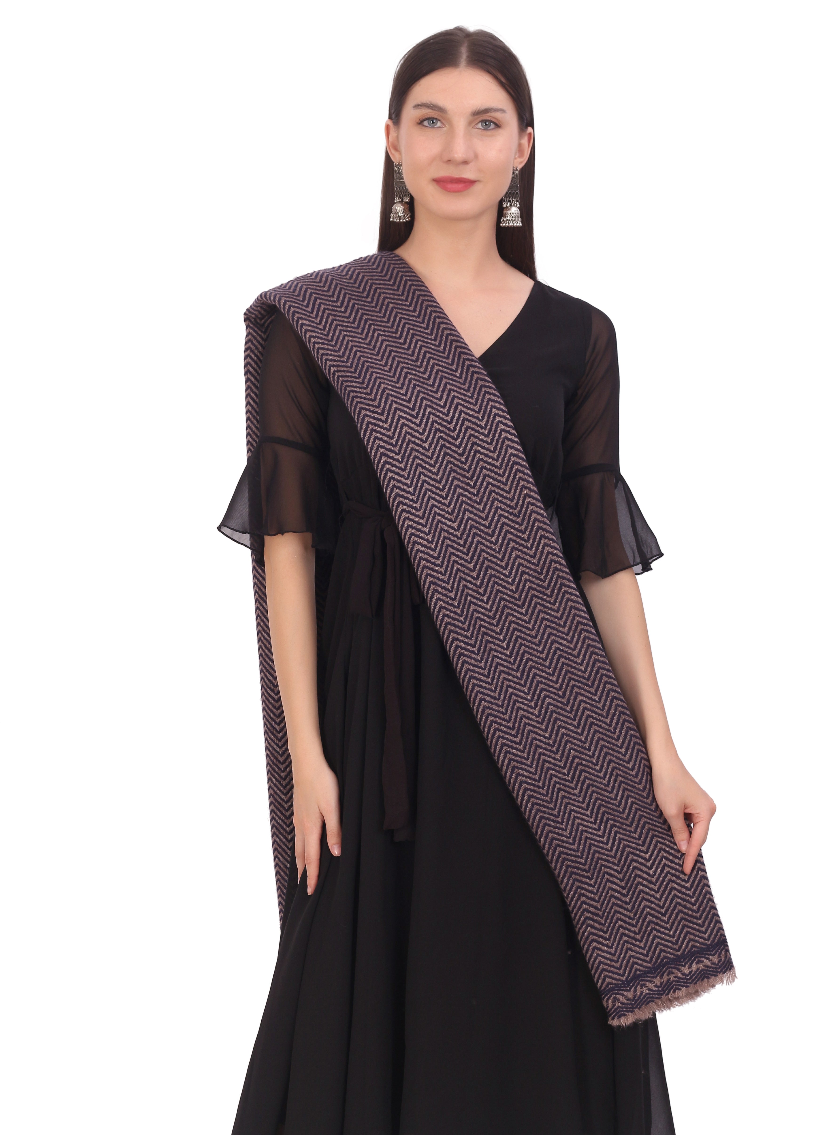 Pash Vilas Unisex Dyed Fishbone Design Cashmere Fine wool Scarf Soft Warm NAVY BROWN Color