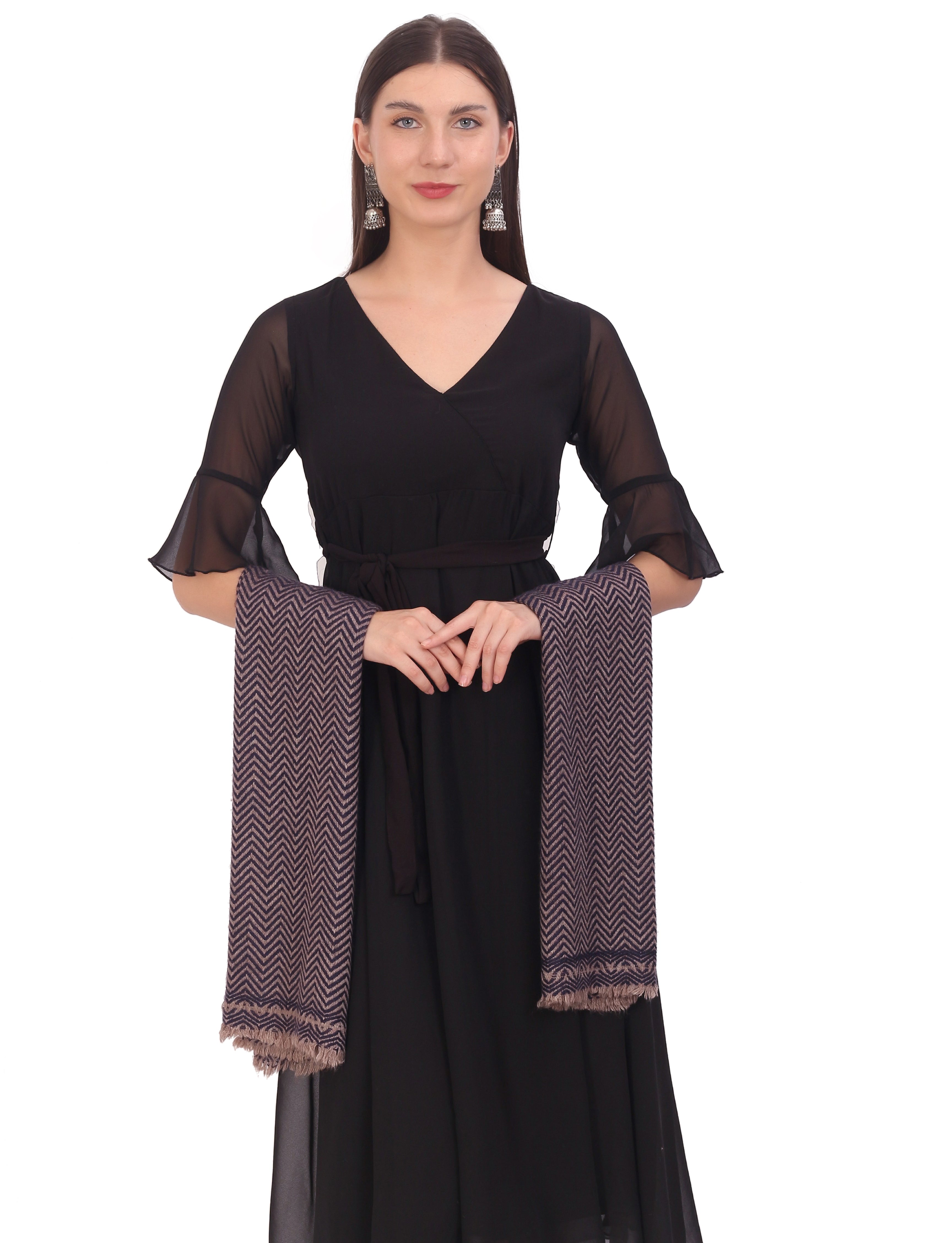 Pash Vilas Unisex Dyed Fishbone Design Cashmere Fine wool Scarf Soft Warm NAVY BROWN Color