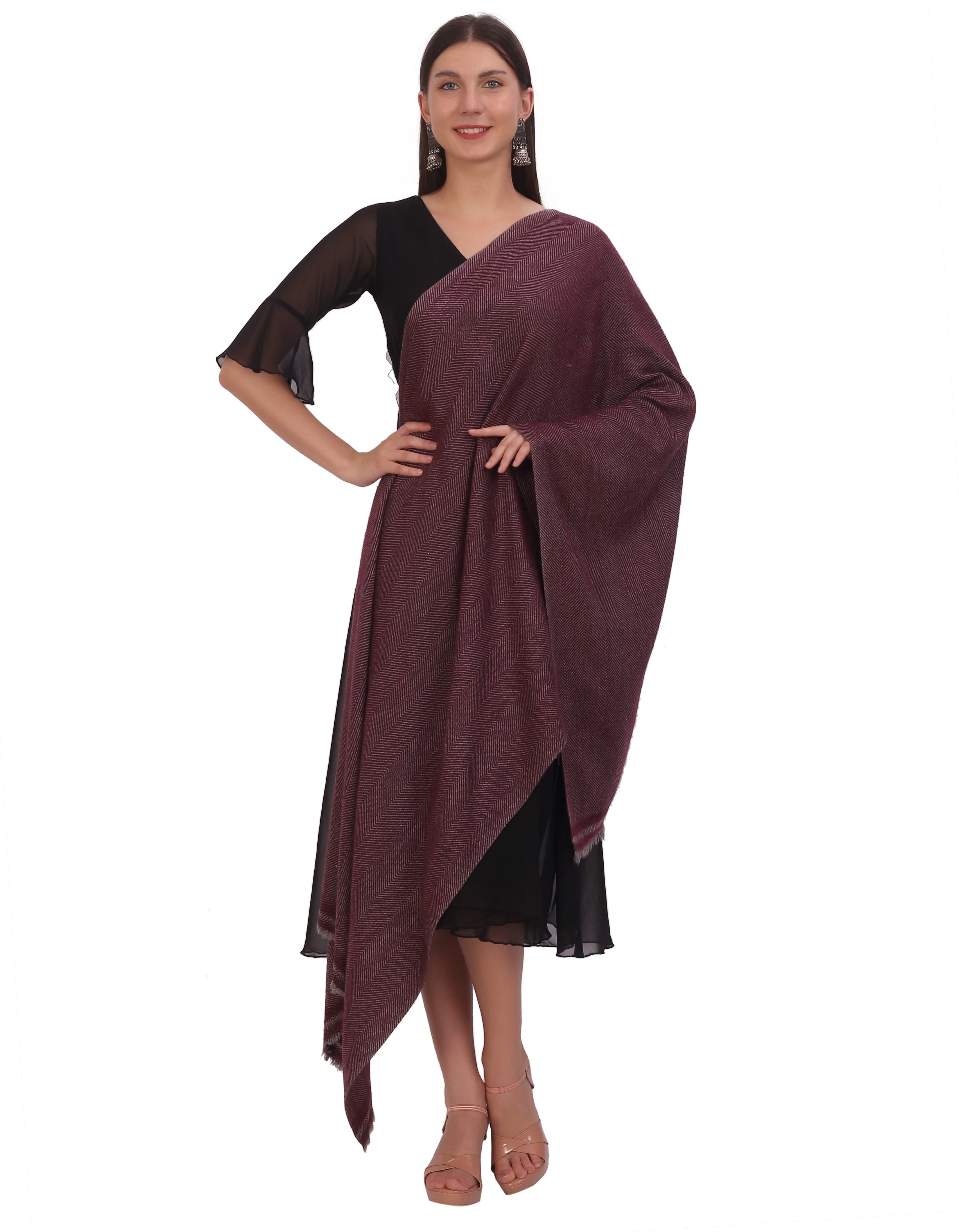 Pash Vilas Unisex Dyed Harringbone Design Cashmere Fine wool Scarf Soft Warm Wine Color