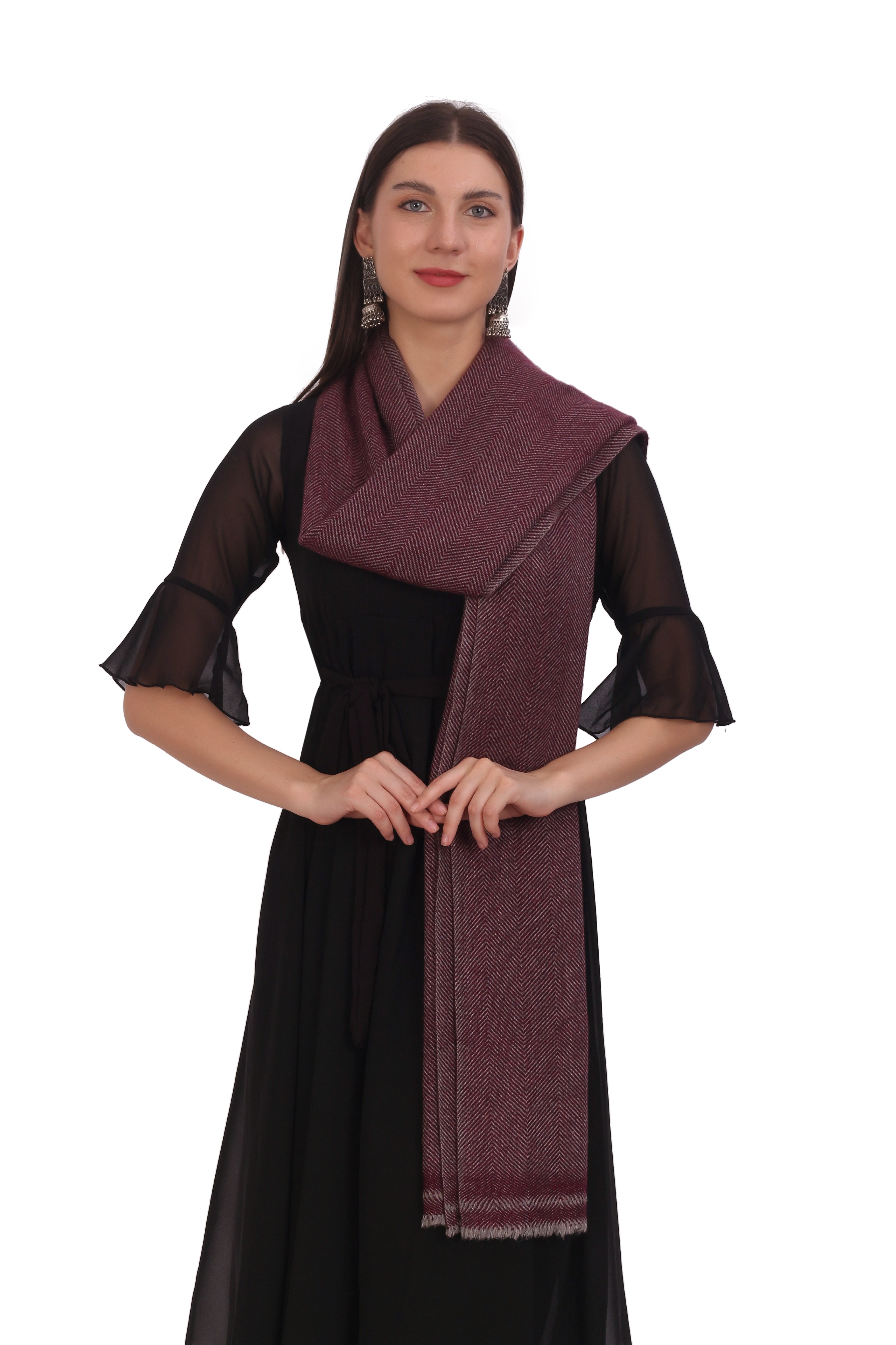 Pash Vilas Unisex Dyed Harringbone Design Cashmere Fine wool Scarf Soft Warm Wine Color