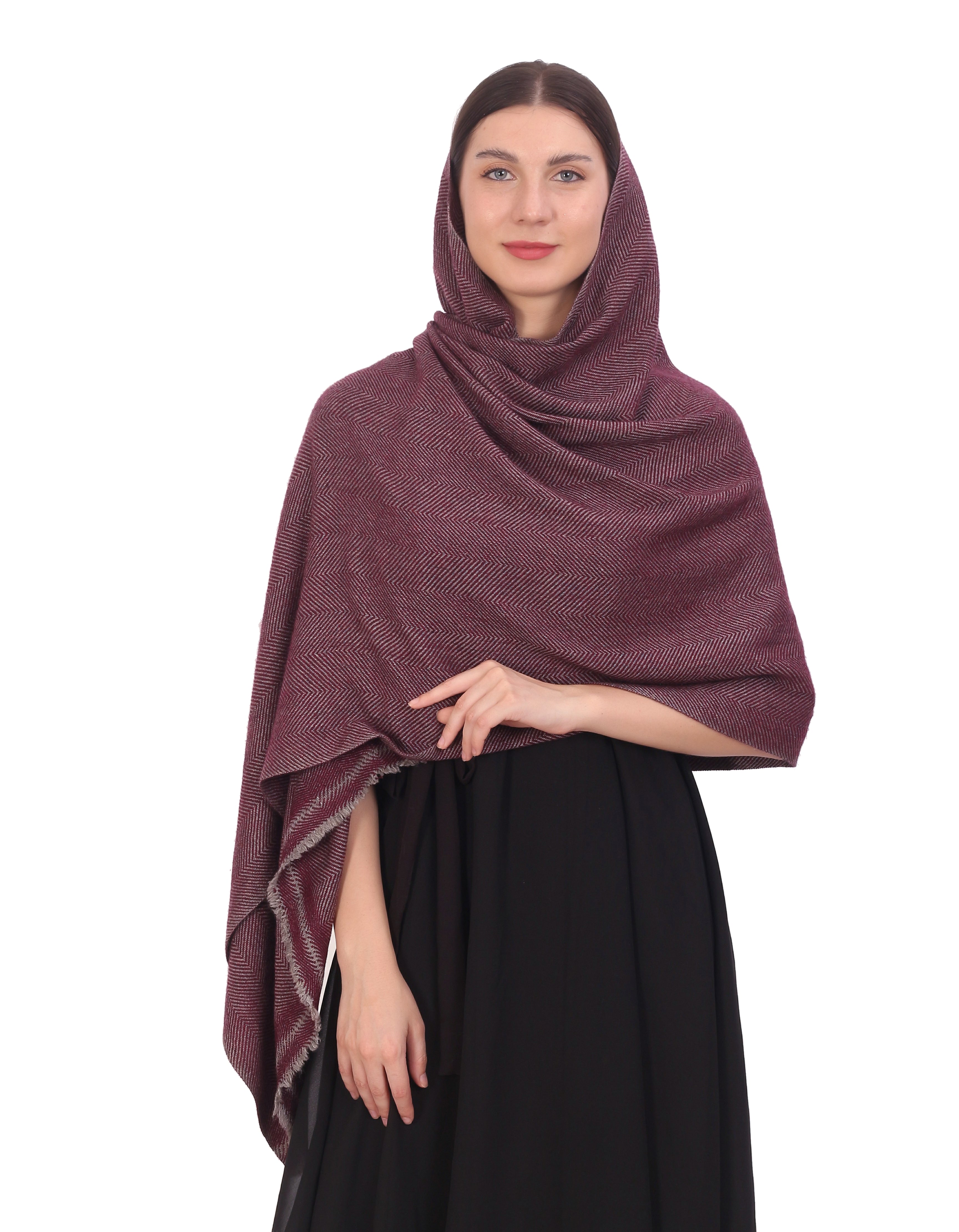 Pash Vilas Unisex Dyed Harringbone Design Cashmere Fine wool Scarf Soft Warm Wine Color