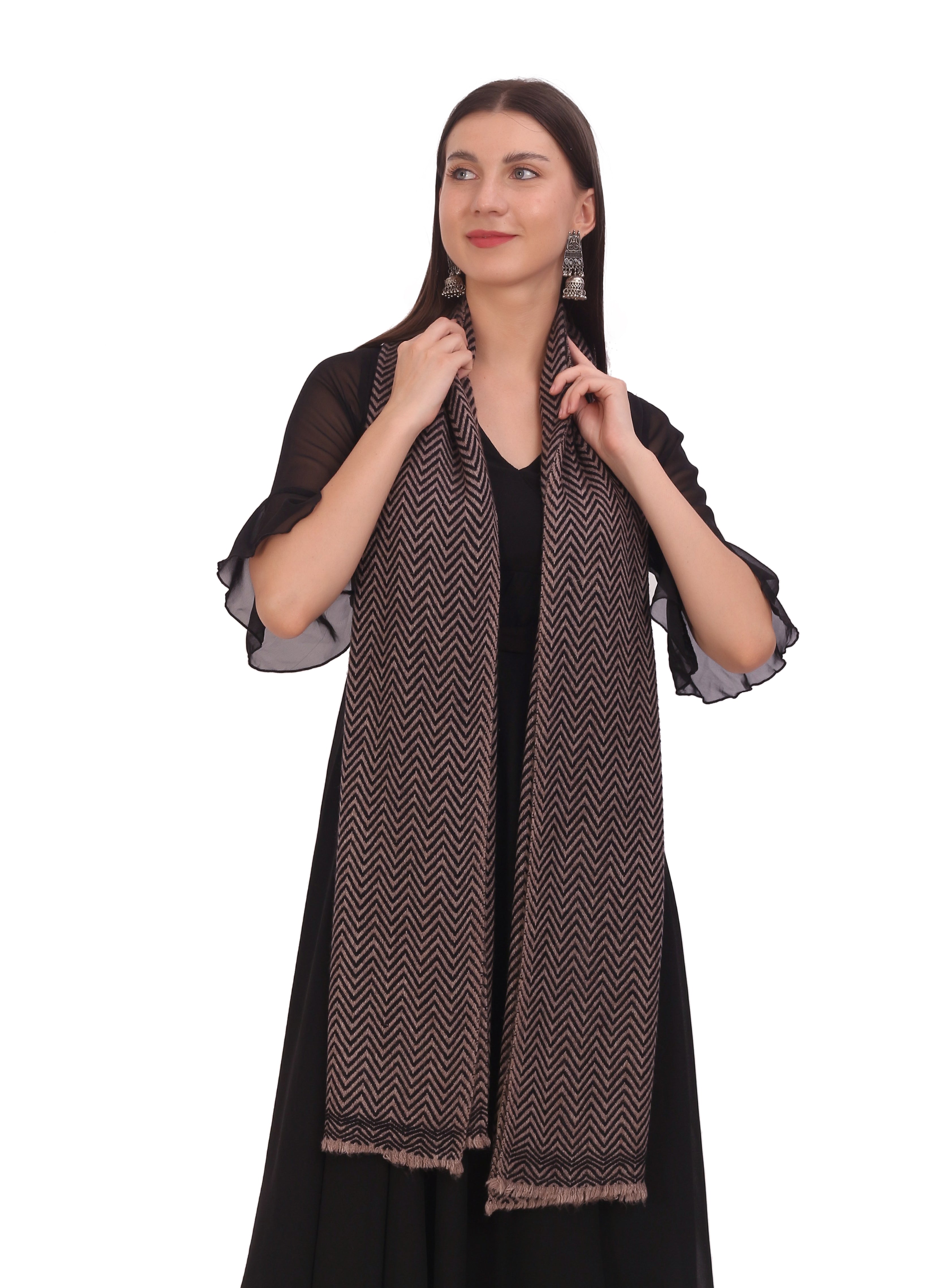 Pash Vilas Unisex Dyed Fishbone Design Cashmere Fine wool Scarf Soft Warm BROWN BLACK Color