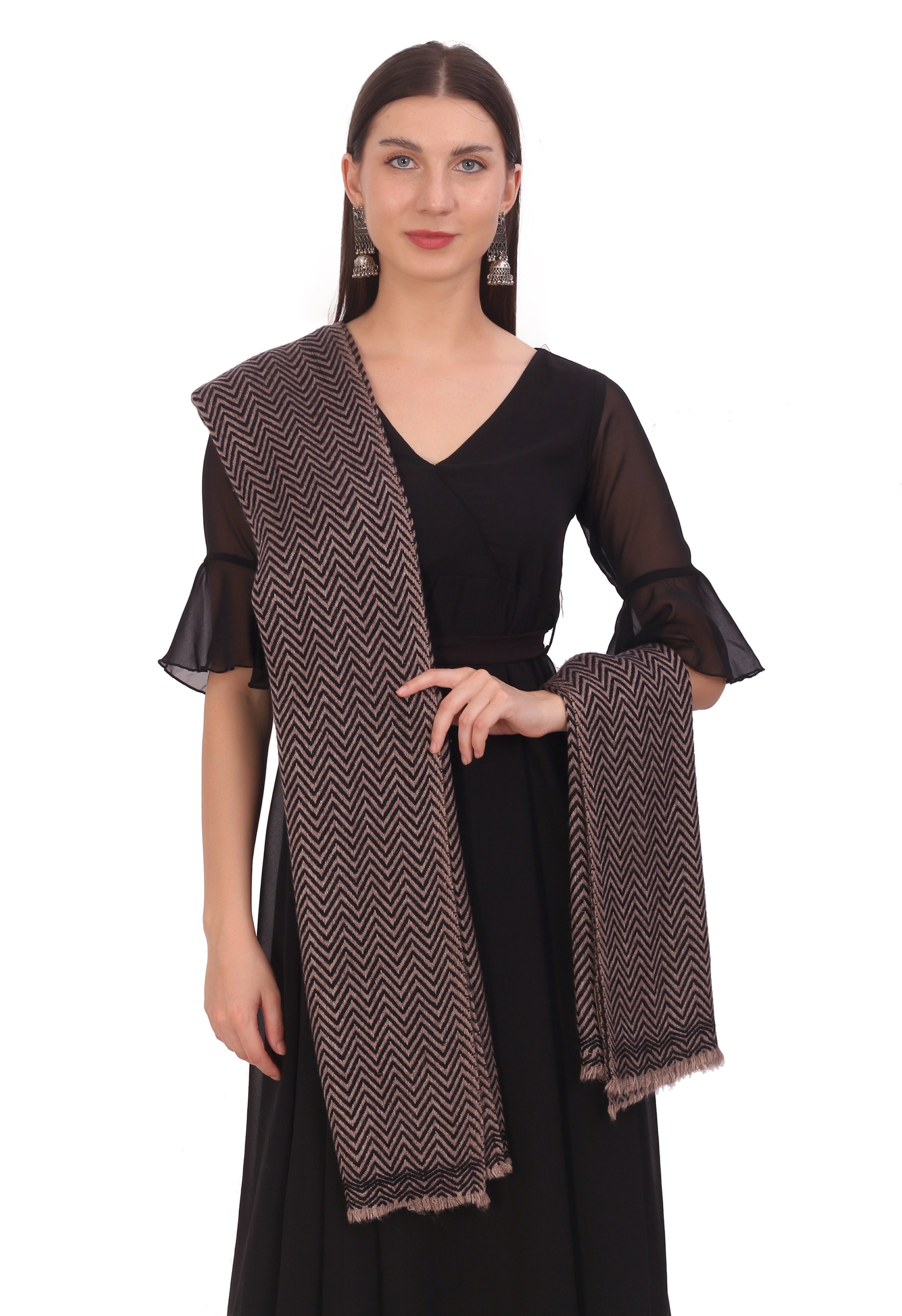 Pash Vilas Unisex Dyed Fishbone Design Cashmere Fine wool Scarf Soft Warm BROWN BLACK Color