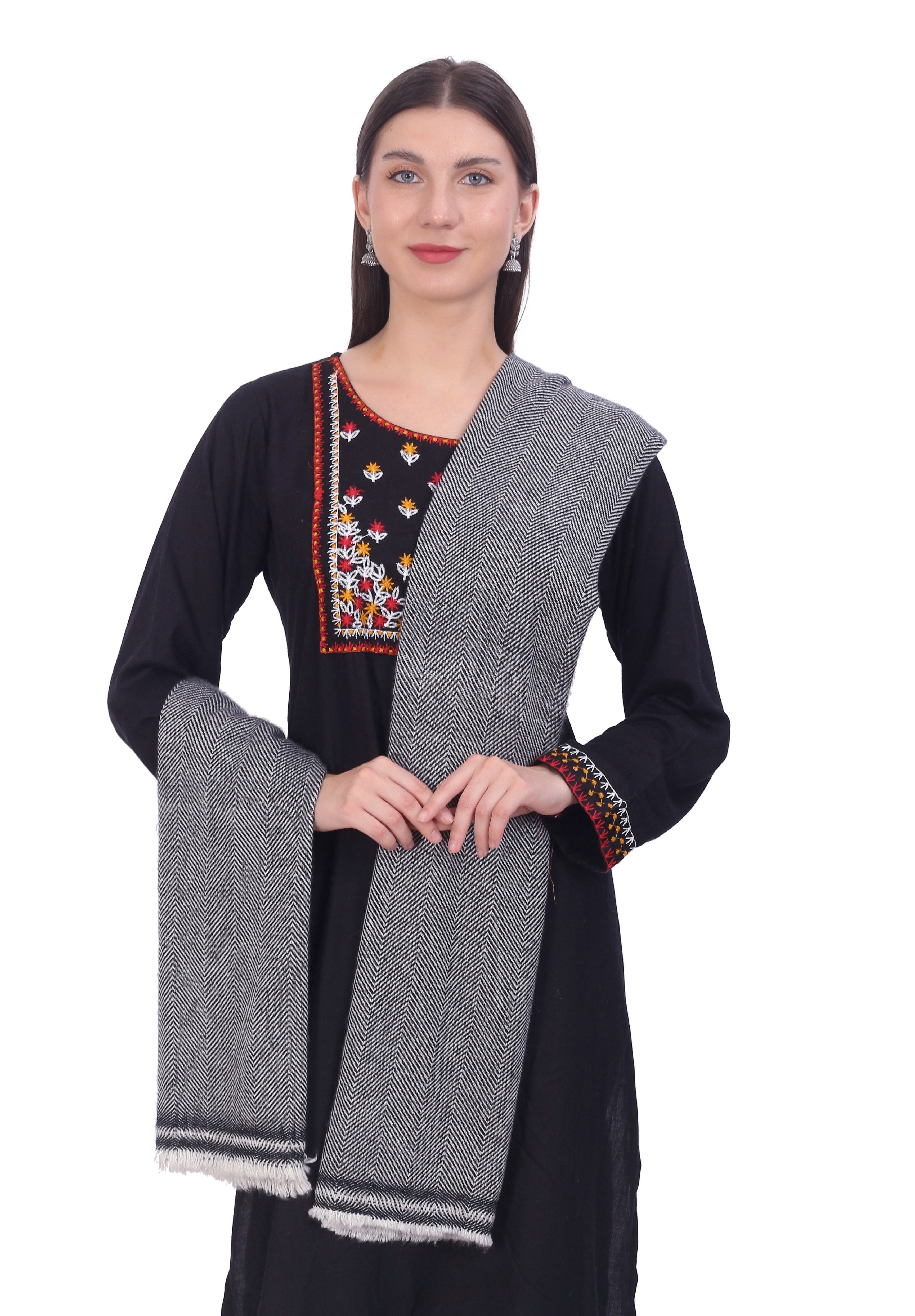 Pash Vilas Unisex Harringbone Design Cashmere Fine wool Scarf Soft Warm Gray Color