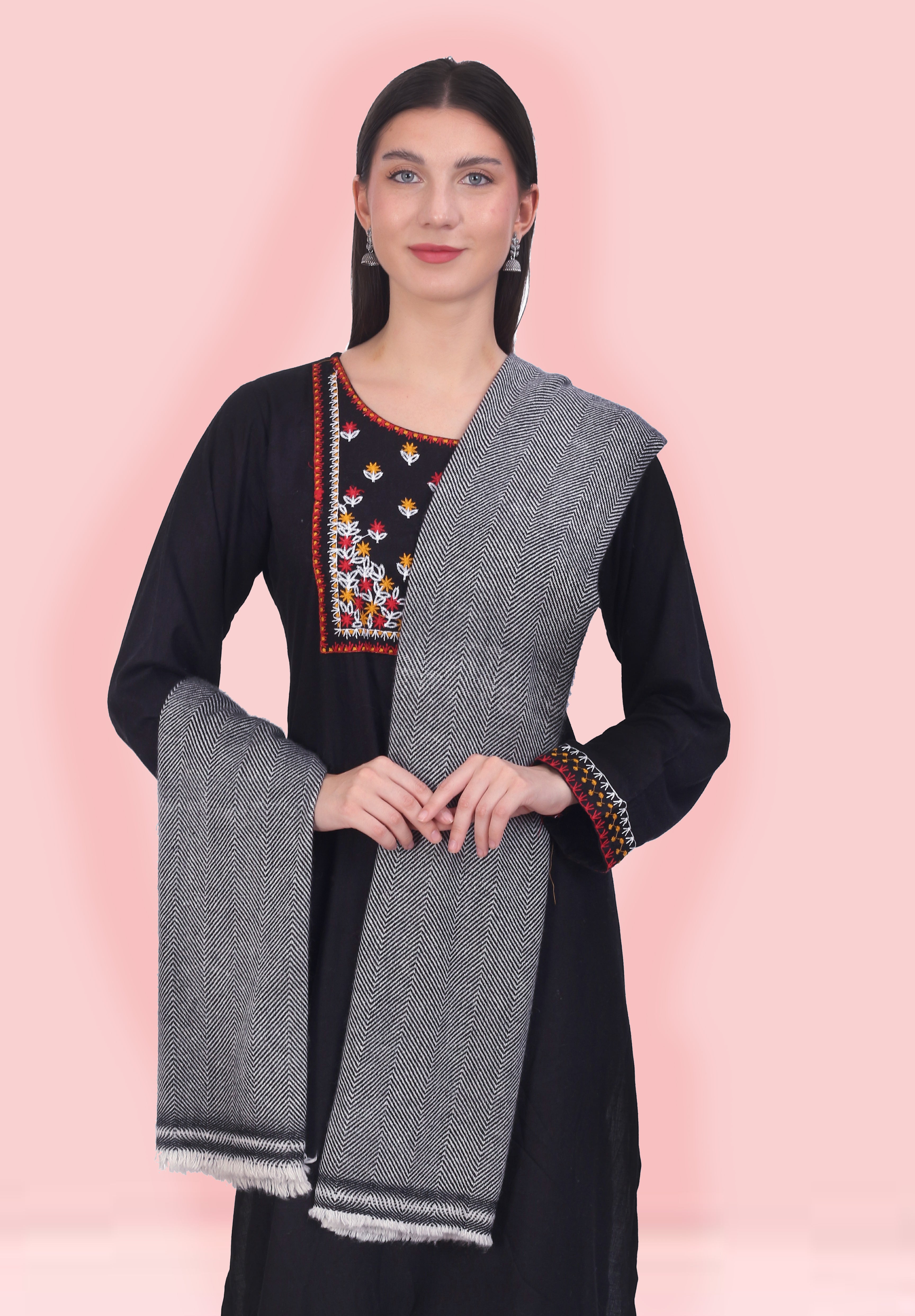 Pash Vilas Unisex Harringbone Design Cashmere Fine wool Scarf Soft Warm Gray Color