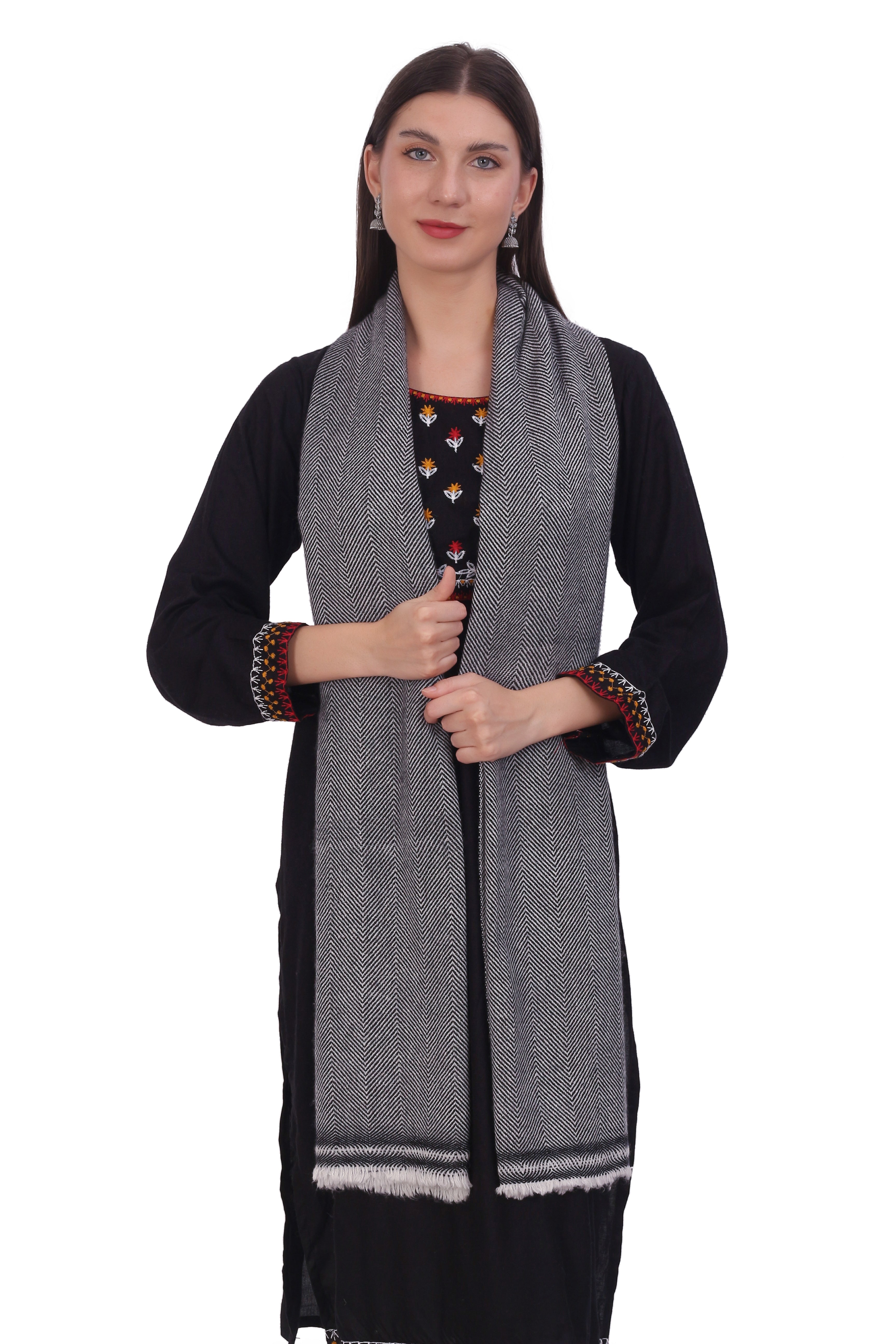 Pash Vilas Unisex Harringbone Design Cashmere Fine wool Scarf Soft Warm Gray Color