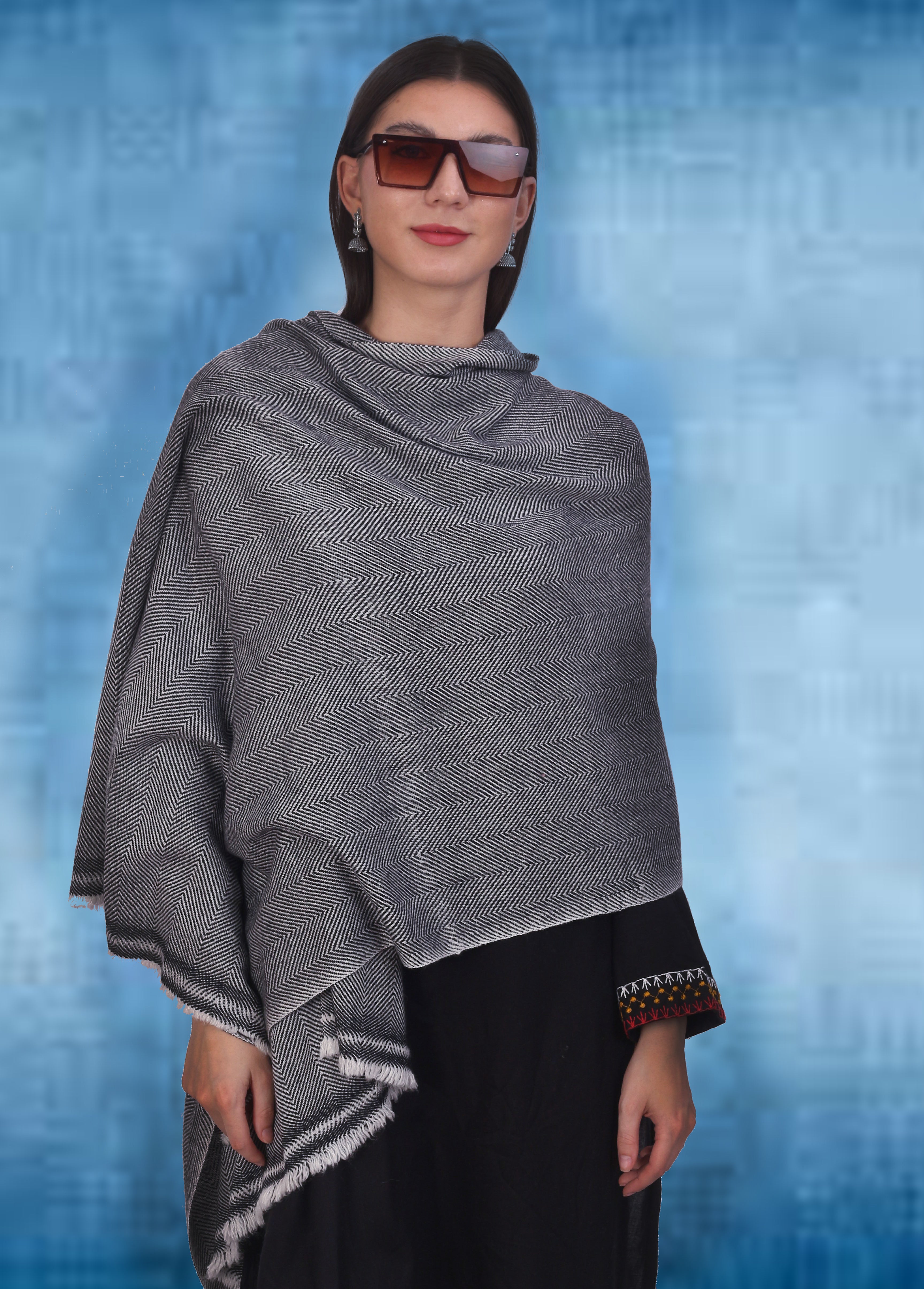 Pash Vilas Unisex Harringbone Design Cashmere Fine wool Scarf Soft Warm Gray Color