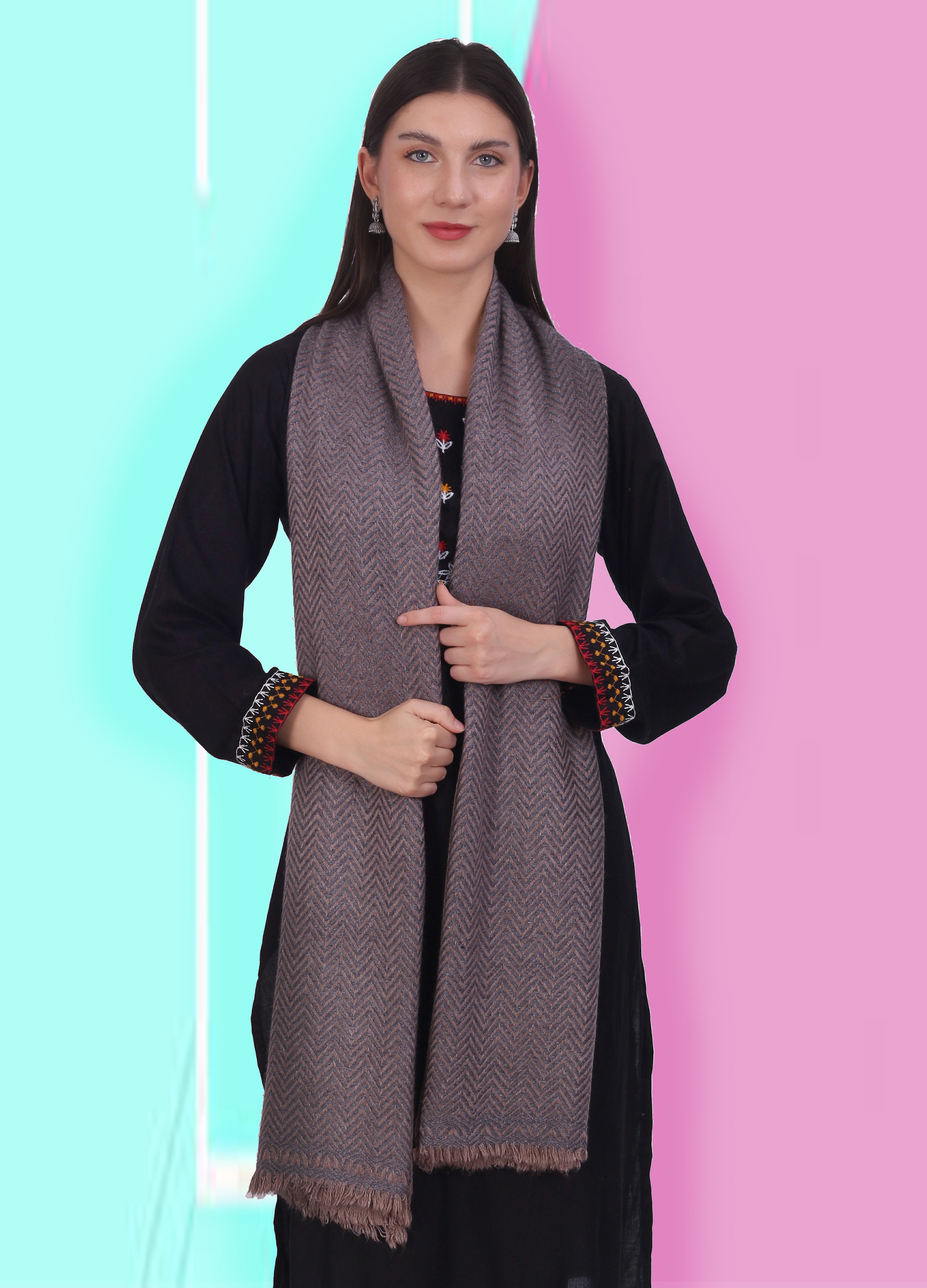 Pash Vilas Unisex Fishbone Design Cashmere Fine wool Scarf Soft Warm Denim Blue Color