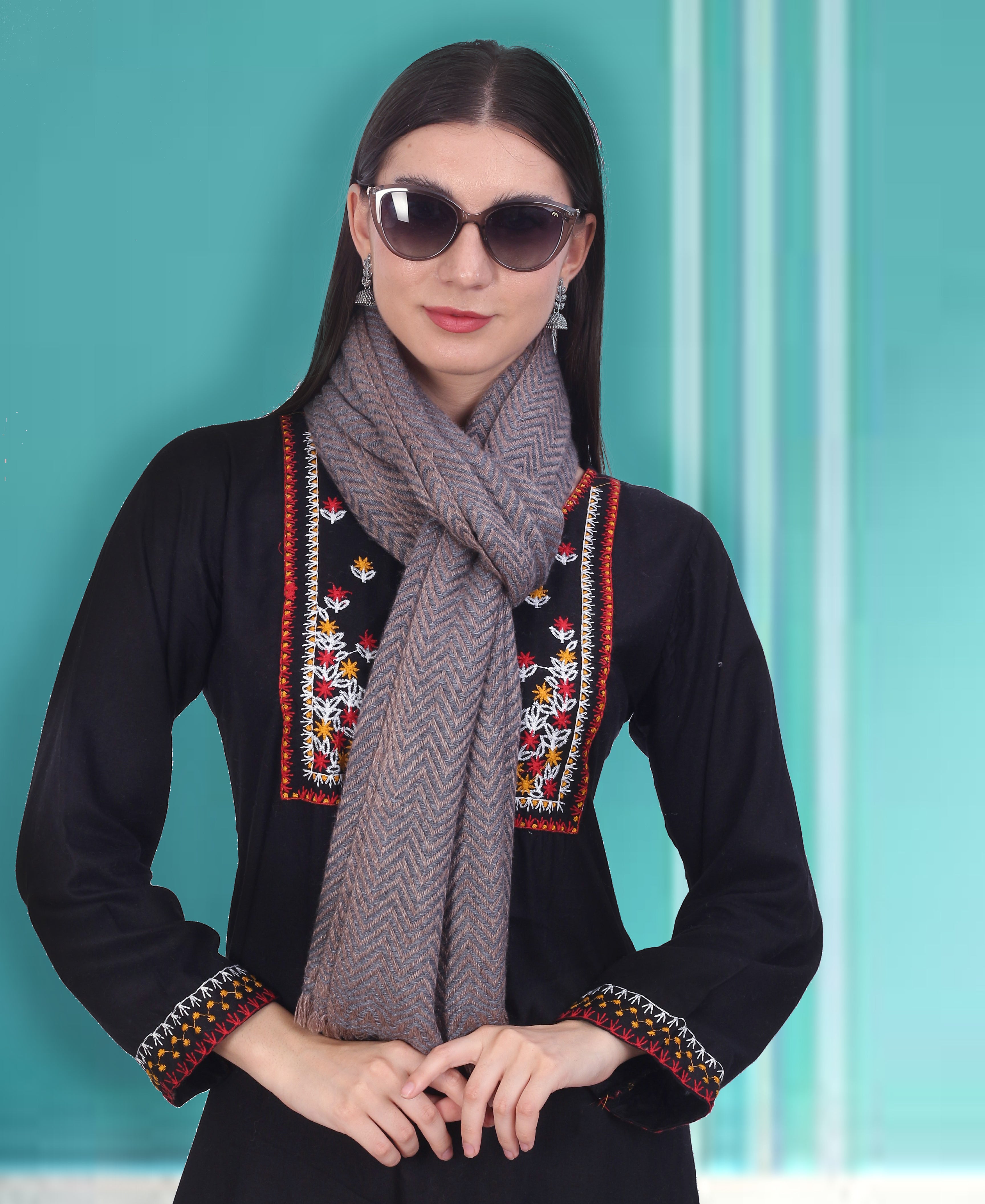 Pash Vilas Unisex Fishbone Design Cashmere Fine wool Scarf Soft Warm Denim Blue Color