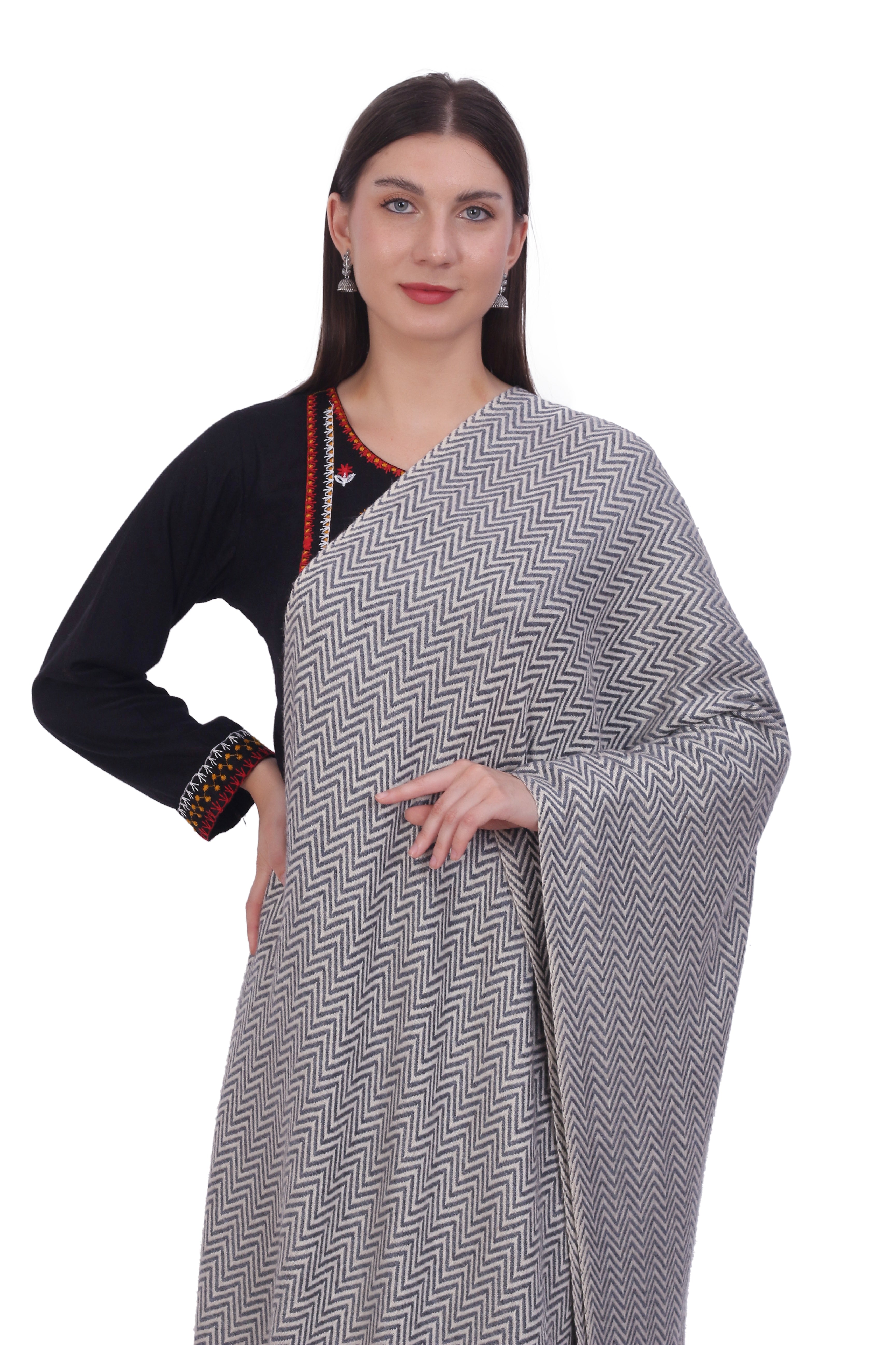 Pash Vilas Unisex Fishbone Design Cashmere Fine wool Scarf Soft Warm Black Color